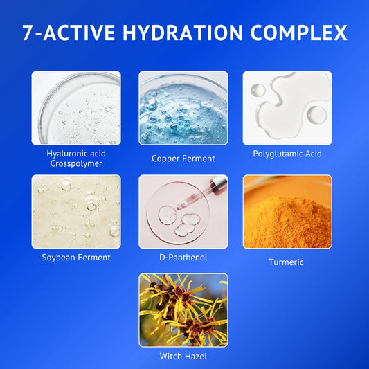 Informational QTWAYS skincare banner showcasing the 7-Active Hydration Complex featuring Hyaluronic Acid Crosspolymer, Copper Ferment, Polyglutamic Acid, Soybean Ferment, D-Panthenol, Turmeric, and Witch Hazel to deeply hydrate, soothe, strengthen the skin barrier, and promote healthy, radiant-looking skin.