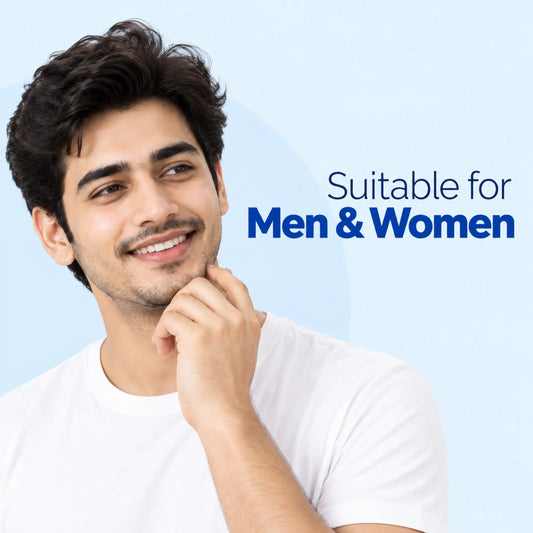 A smiling man in a white t-shirt posing against a light blue background with the text 'Suitable for Men & Women' written in blue and white.