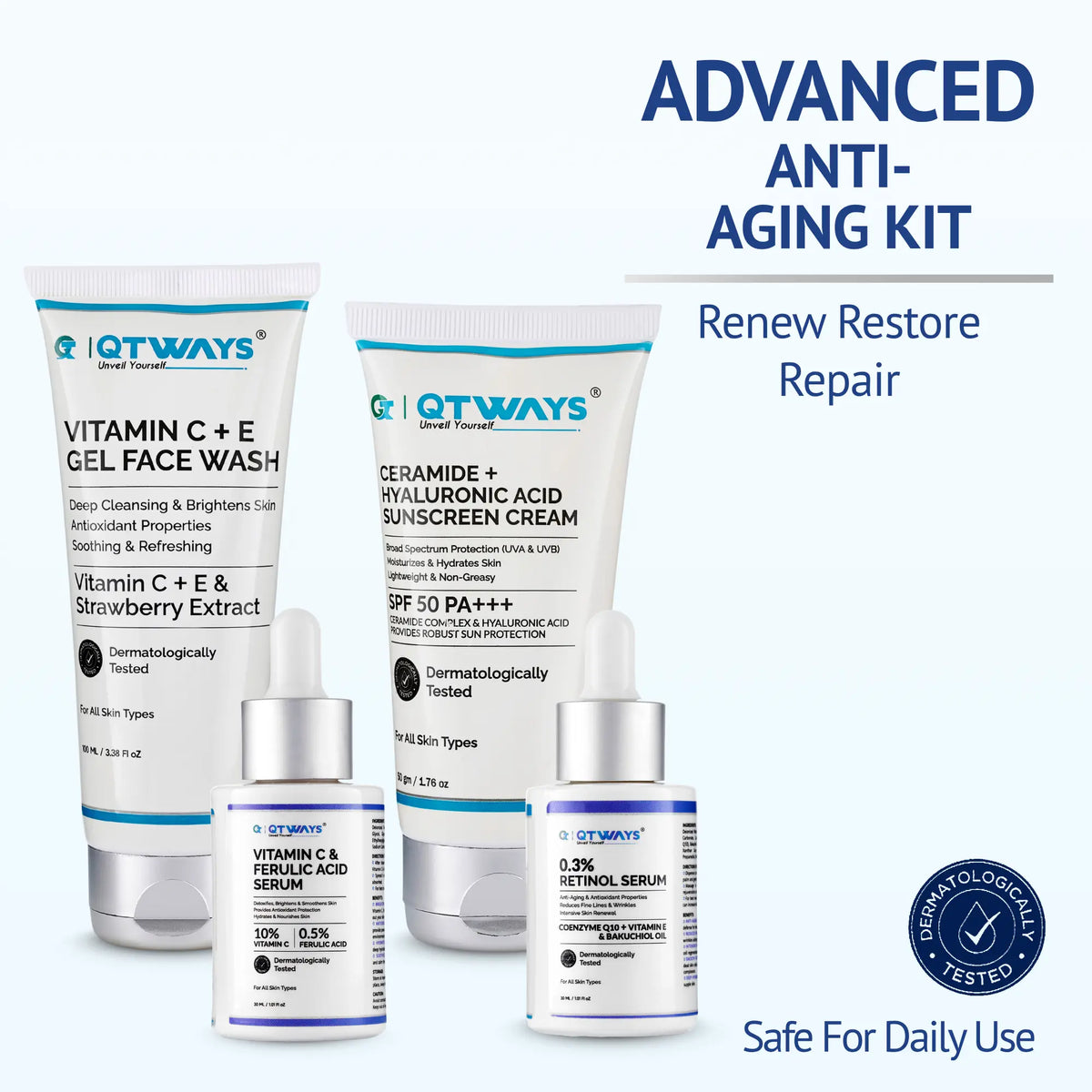 Qtways Advanced Anti-Aging Kit featuring Vitamin C Face Wash, Vitamin C + Ferulic Acid Serum, Retinol Serum, and Ceramide + Hyaluronic Acid SPF 50 PA++++ Sunscreen. Dermatologically tested skincare routine designed to renew, restore, and repair skin while being safe for daily use.