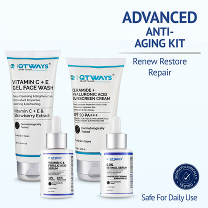 Qtways Advanced Anti-Aging Kit featuring Vitamin C Face Wash, Vitamin C + Ferulic Acid Serum, Retinol Serum, and Ceramide + Hyaluronic Acid SPF 50 PA++++ Sunscreen. Dermatologically tested skincare routine designed to renew, restore, and repair skin while being safe for daily use.