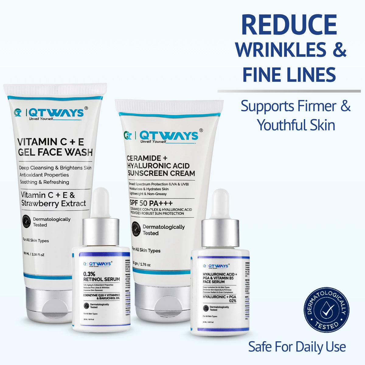 Qtways Anti-Wrinkle Skincare Kit with Retinol Serum, Hyaluronic Acid Serum, Vitamin C Face Wash, and SPF 50 Sunscreen to reduce fine lines, wrinkles, and improve skin firmness, hydration, and youthful glow.