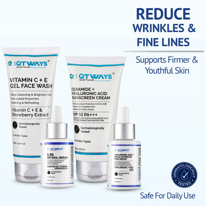 Qtways Anti-Wrinkle Skincare Kit with Retinol Serum, Hyaluronic Acid Serum, Vitamin C Face Wash, and SPF 50 Sunscreen to reduce fine lines, wrinkles, and improve skin firmness, hydration, and youthful glow.