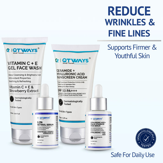 Qtways Anti-Wrinkle Skincare Kit with Retinol Serum, Hyaluronic Acid Serum, Vitamin C Face Wash, and SPF 50 Sunscreen to reduce fine lines, wrinkles, and improve skin firmness, hydration, and youthful glow.