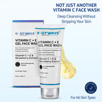 QTWAYS Vitamin C + E Gel Face Wash is a daily facial cleanser enriched with Vitamin C, Vitamin E, and Strawberry Extract to target dullness, excess oil, and tan. It deeply cleanses pores, removes impurities, brightens skin, and promotes a fresh, healthy-looking complexion. Dermatologically tested and suitable for all skin types.