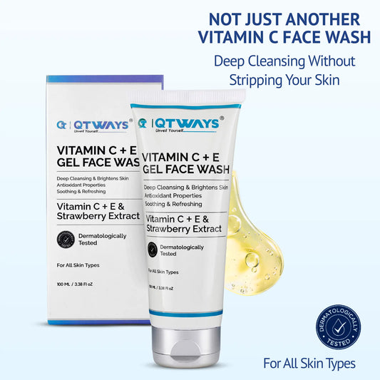 QTWAYS Vitamin C + E Gel Face Wash is a daily facial cleanser enriched with Vitamin C, Vitamin E, and Strawberry Extract to target dullness, excess oil, and tan. It deeply cleanses pores, removes impurities, brightens skin, and promotes a fresh, healthy-looking complexion. Dermatologically tested and suitable for all skin types.