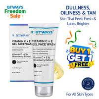 QTWAYS Vitamin C + E Gel Face Wash is a daily facial cleanser enriched with Vitamin C, Vitamin E, and Strawberry Extract to target dullness, excess oil, and tan. It deeply cleanses pores, removes impurities, brightens skin, and promotes a fresh, healthy-looking complexion. Dermatologically tested and suitable for all skin types.