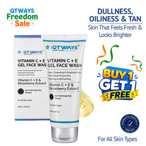 QTWAYS Vitamin C + E Gel Face Wash is a daily facial cleanser enriched with Vitamin C, Vitamin E, and Strawberry Extract to target dullness, excess oil, and tan. It deeply cleanses pores, removes impurities, brightens skin, and promotes a fresh, healthy-looking complexion. Dermatologically tested and suitable for all skin types.