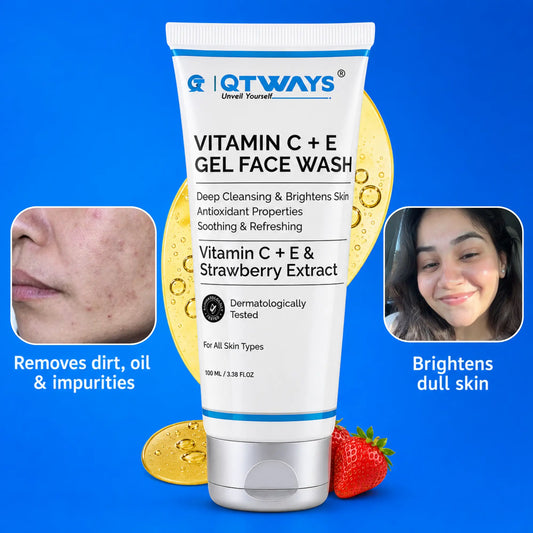 QTWAYS Vitamin C + E Gel Face Wash is a dermatologically tested facial cleanser enriched with Vitamin C, Vitamin E, and Strawberry Extract. It effectively removes dirt, excess oil, and impurities while helping brighten dull skin, leaving the face refreshed, hydrated, and radiant. Suitable for all skin types and ideal for everyday skincare routines.