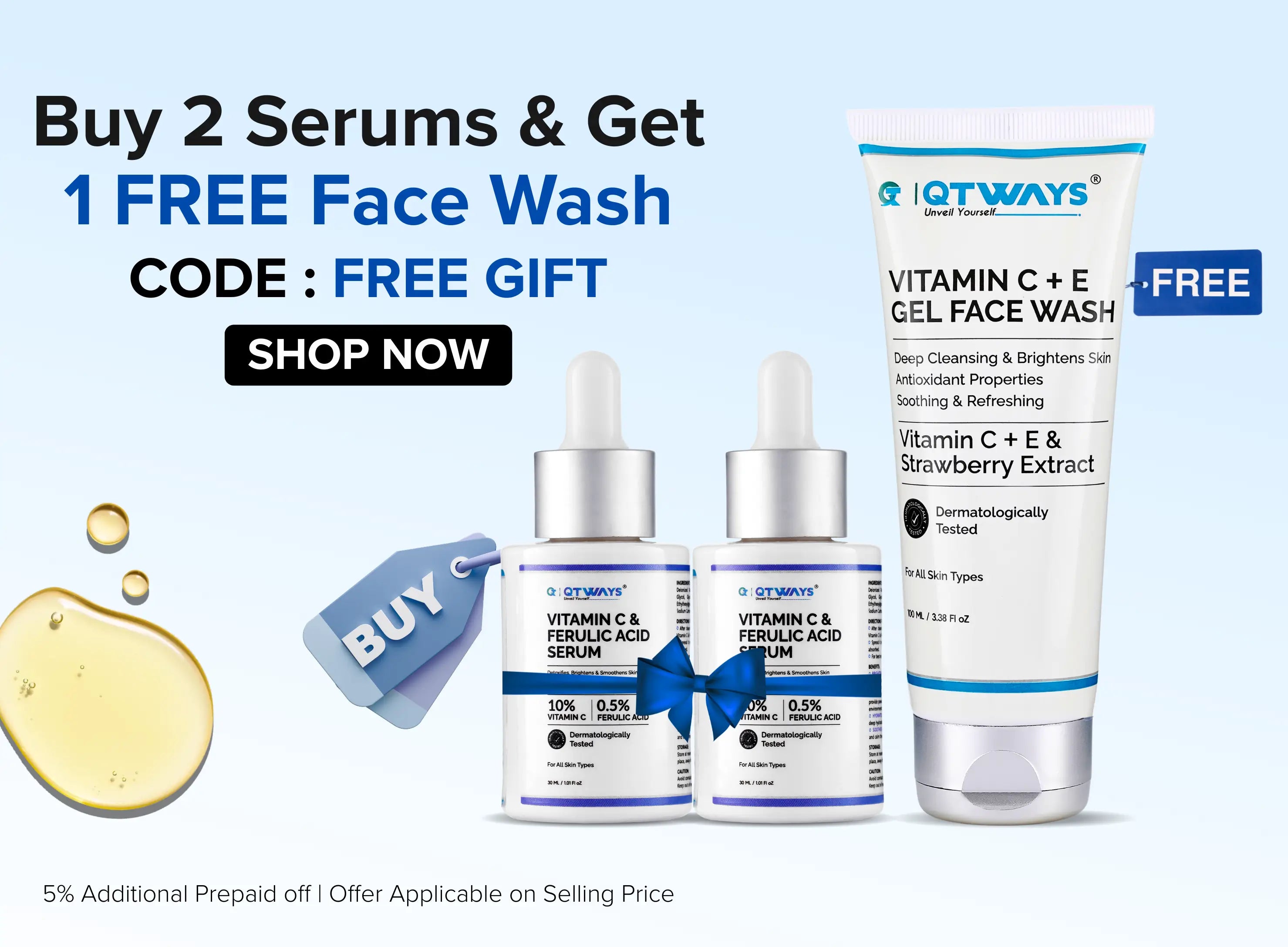 QTWAYS skincare offer banner featuring Vitamin C Face Wash, Retinol Serum, Niacinamide Serum, Vitamin C Serum, and AHA BHA Peeling Solution with Flat 10% Off on every purchase using coupon code QTWAYS10 and additional 5% prepaid discount