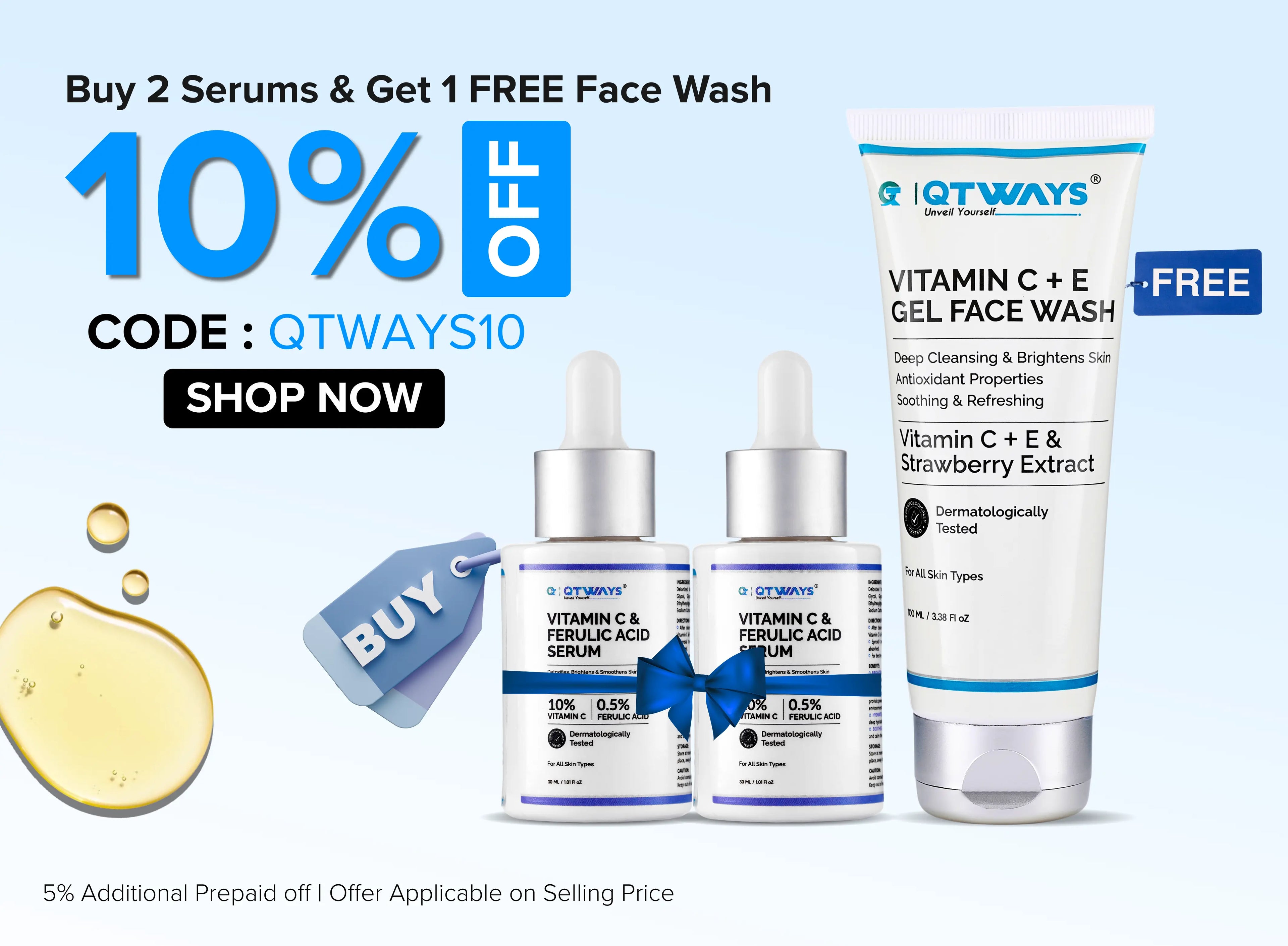 QTWAYS skincare offer banner featuring Vitamin C Face Wash, Retinol Serum, Niacinamide Serum, Vitamin C Serum, and AHA BHA Peeling Solution with Flat 10% Off on every purchase using coupon code QTWAYS10 and additional 5% prepaid discount