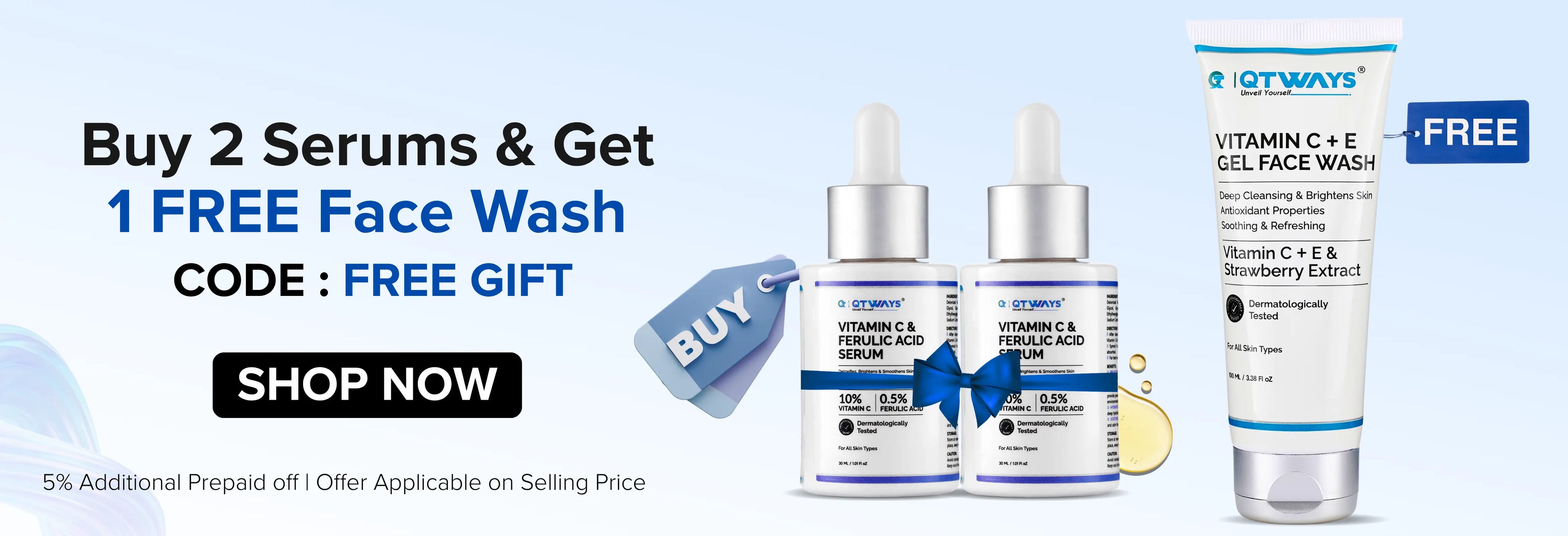  Buy 2 get 1 FREE Vitamin C + E Gel Face Wash. Use code FREE GIFT. Promotional banner featuring two serum bottles, a free face wash tube, and a "Shop Now" button.