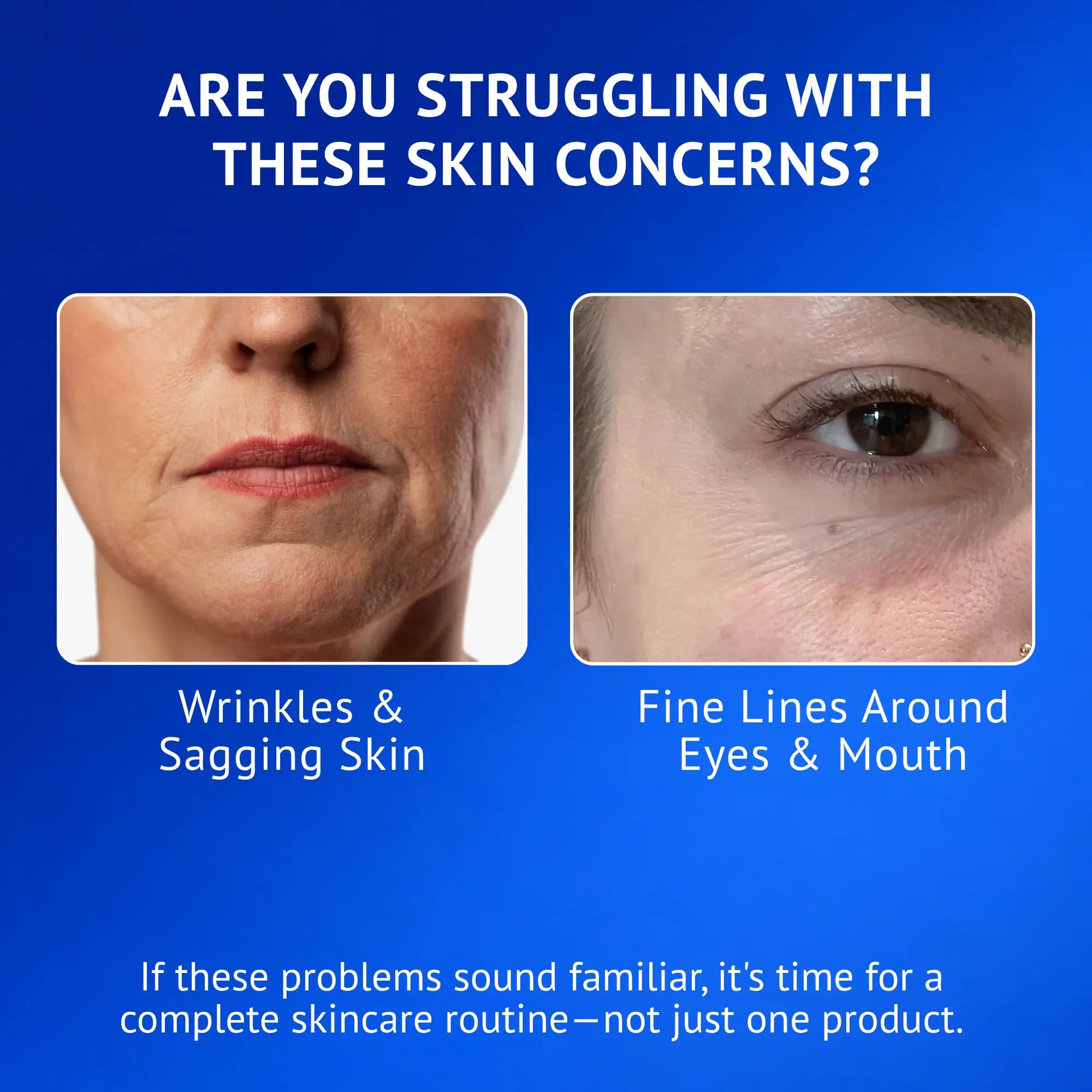 Banner highlighting common skin aging concerns including wrinkles, sagging skin, and fine lines around the eyes and mouth, promoting QTWAYS complete anti-aging skincare routine for healthier, firmer, youthful-looking skin in India.