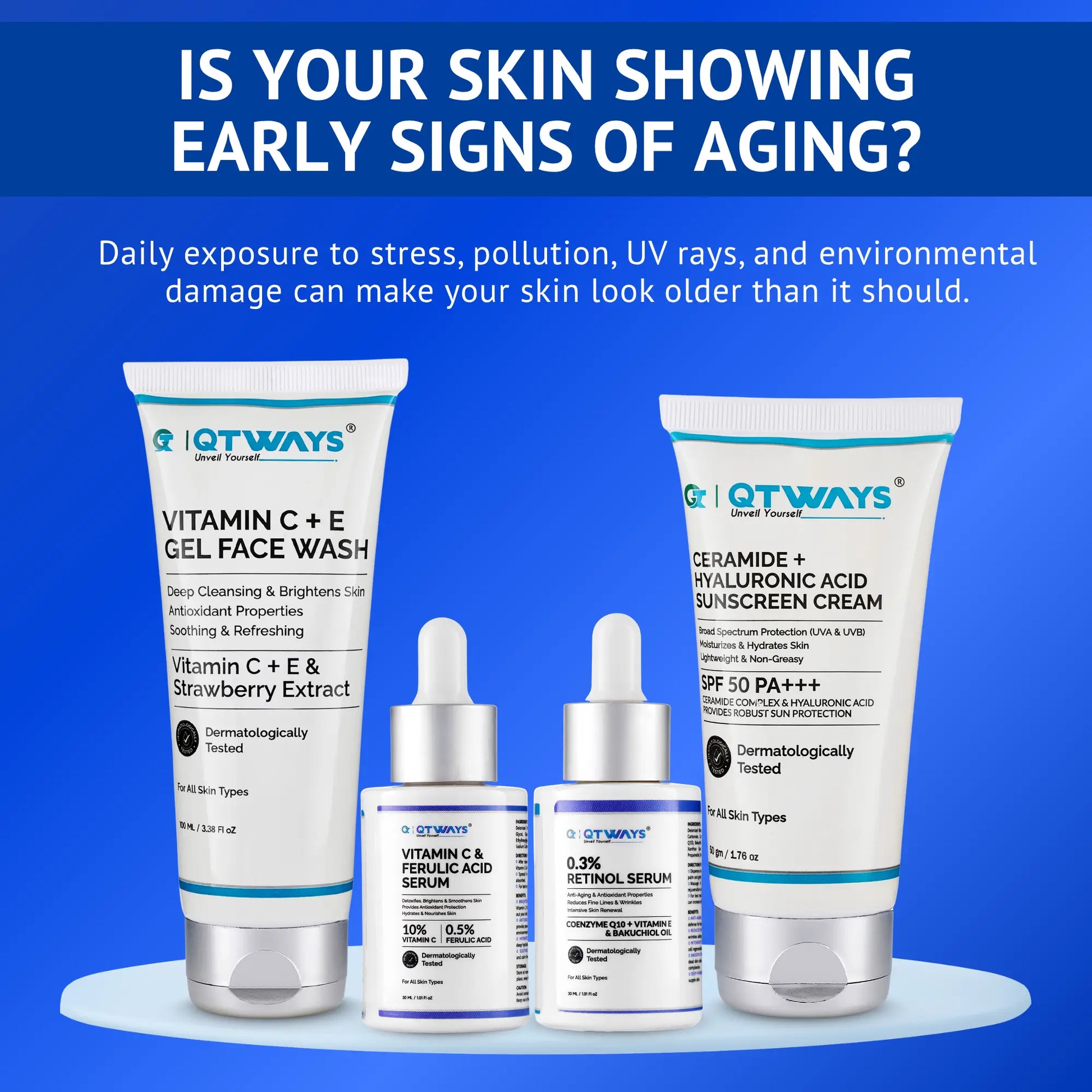QTWAYS anti-aging skincare routine featuring Vitamin C + E Gel Face Wash, Ceramide + Hyaluronic Acid SPF 50 PA+++ Sunscreen, 0.3% Retinol Serum, and Vitamin C & Ferulic Acid Serum to help protect skin from stress, pollution, UV rays, and environmental damage while improving brightness, firmness, hydration, and the appearance of early signs of aging.