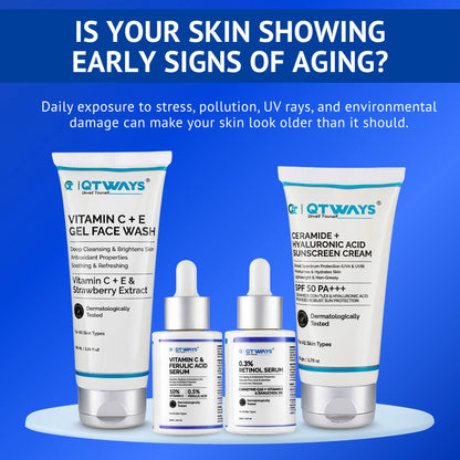 QTWAYS anti-aging skincare routine featuring Vitamin C + E Gel Face Wash, Ceramide + Hyaluronic Acid SPF 50 PA+++ Sunscreen, 0.3% Retinol Serum, and Vitamin C & Ferulic Acid Serum to help protect skin from stress, pollution, UV rays, and environmental damage while improving brightness, firmness, hydration, and the appearance of early signs of aging.