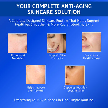 Informational QTWAYS anti-aging skincare banner highlighting the benefits of a complete skincare routine, including hydrated and nourished skin, improved skin elasticity, enhanced skin texture, healthy radiant glow, and youthful-looking skin for a smoother, healthier complexion.
