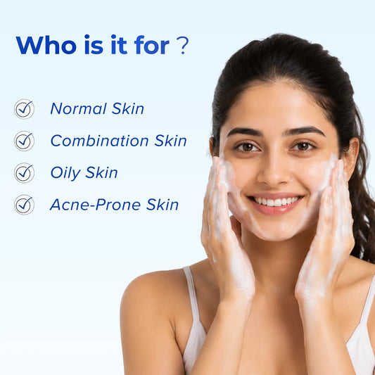 A woman with white cleanser on her face poses next to a light blue background with text listing skin types it is suitable for: Normal Skin, Combination Skin, Oily Skin, and Acne-Prone Skin.