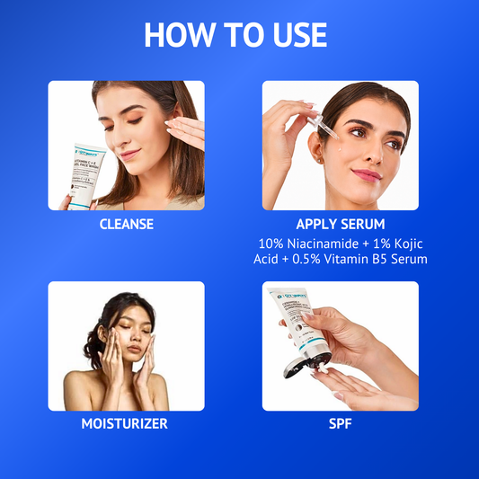 How to use niacinamide and kojic acid face serum with steps cleanse, apply serum, moisturize and SPF