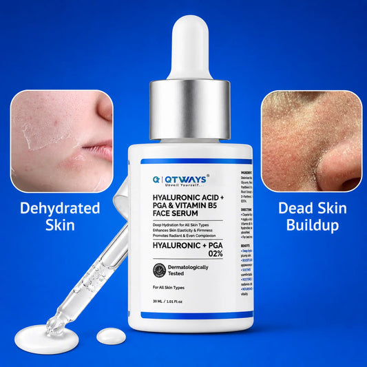 QTWAYS Hyaluronic Acid + PGA + Vitamin B5 Face Serum with a serum dropper, highlighting solutions for dehydrated skin and dead skin buildup. Formulated with Hyaluronic Acid, Polyglutamic Acid (PGA), and Vitamin B5 to deeply hydrate, smooth rough texture, strengthen the skin barrier, and promote soft, healthy-looking skin.