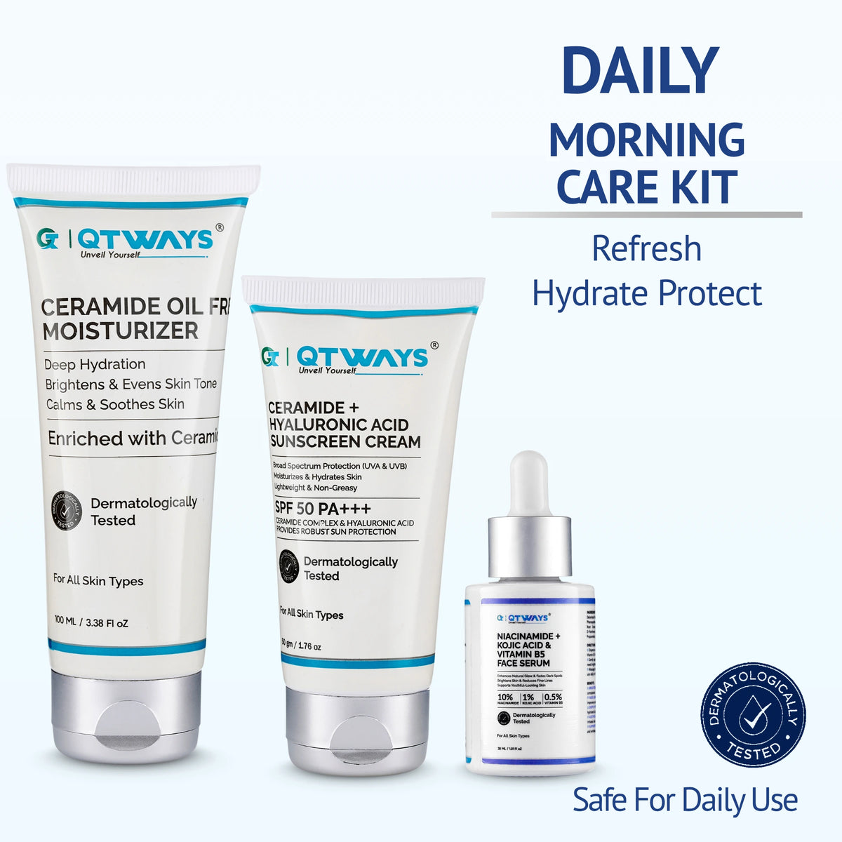 Qtways Morning Skincare Routine Kit with Niacinamide Serum, Ceramide Oil-Free Moisturizer, and SPF 50 Ceramide Hyaluronic Acid Sunscreen for dark spots, hyperpigmentation, uneven skin tone, skin barrier repair, and daily sun protection.
