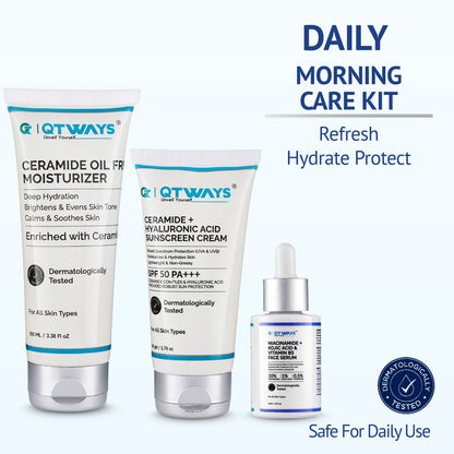 Qtways Morning Skincare Routine Kit with Niacinamide Serum, Ceramide Oil-Free Moisturizer, and SPF 50 Ceramide Hyaluronic Acid Sunscreen for dark spots, hyperpigmentation, uneven skin tone, skin barrier repair, and daily sun protection.