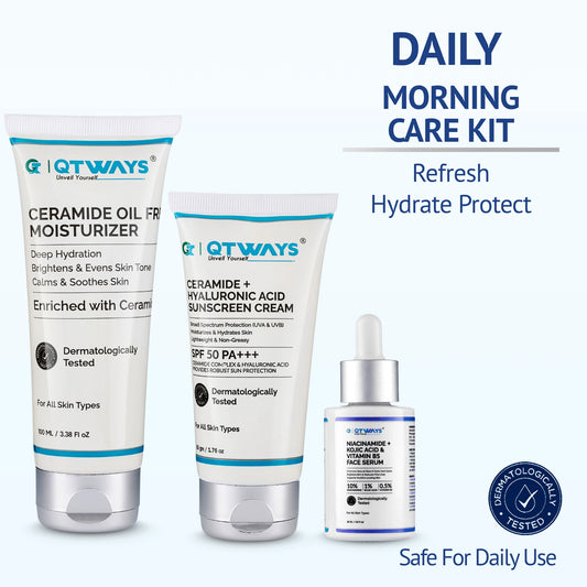 Qtways Morning Skincare Routine Kit with Niacinamide Serum, Ceramide Oil-Free Moisturizer, and SPF 50 Ceramide Hyaluronic Acid Sunscreen for dark spots, hyperpigmentation, uneven skin tone, skin barrier repair, and daily sun protection.