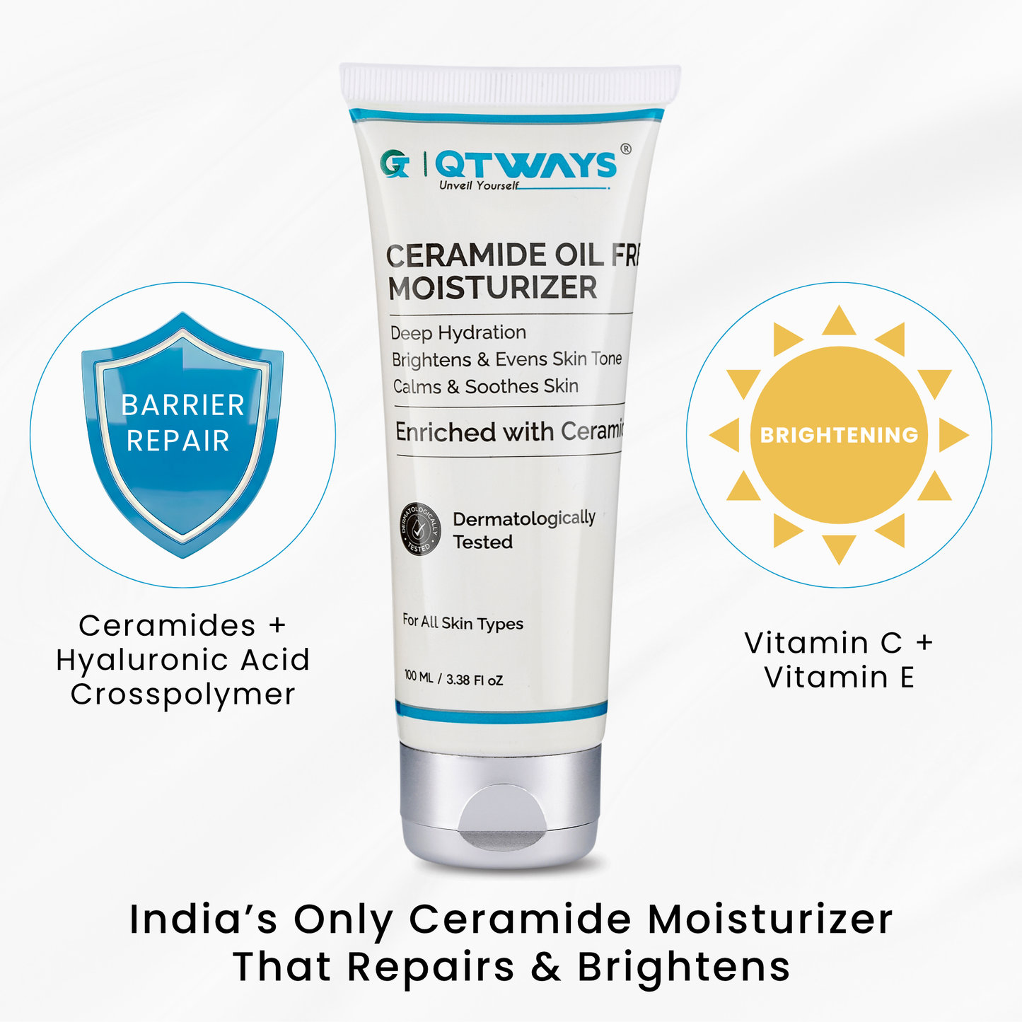 Ceramide Oil-Free Moisturizer with Hyaluronic Acid, Vitamin C & E — India’s Only Ceramide Moisturizer That Repairs AND Brightens