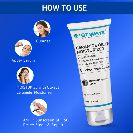 QTWAYS Ceramide Oil Free Moisturizer daily skincare routine guide for hydration barrier repair brightening and post serum moisturization for all skin types
