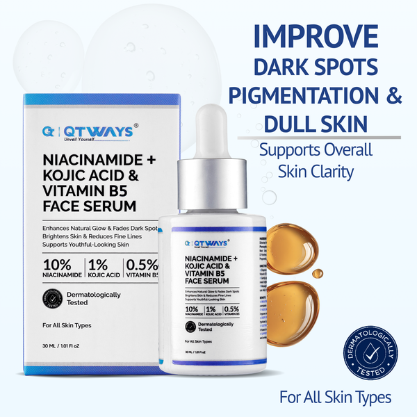 QTWAYS Niacinamide Kojic Acid and Vitamin B5 Face Serum for dark spots pigmentation dull skin brightening and improved skin clarity for all skin types