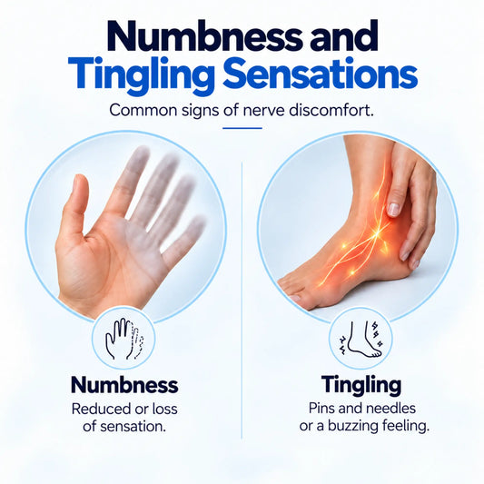 Infographic showing numbness in the hand and tingling sensations in the foot as common signs of nerve discomfort.