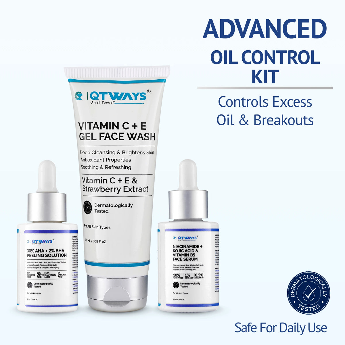 Qtways Oily Skin Kit with Niacinamide Serum, AHA BHA Peeling Solution, and Vitamin C Face Wash to control excess oil, reduce breakouts, minimize pores, and improve skin texture and clarity.