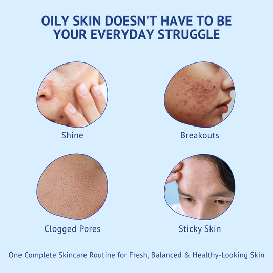   Infographic showing common oily skin concerns including excess shine, acne breakouts, clogged pores, and sticky skin with a complete skincare routine recommendation for fresh, balanced, and healthy-looking skin. Suitable for oily and acne-prone skin by QTWAYS.
oily skin
oily skin routine
oily skin problems
acne-prone skin
excess oil
clogged pores
skincare routine
healthy skin
QTWAYS..