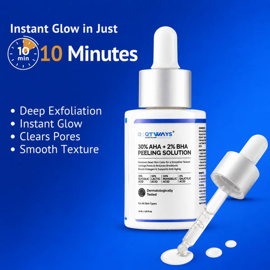 Promotional banner featuring QTWAYS 30% AHA + 2% BHA Peeling Solution serum with dropper, highlighting instant glow in just 10 minutes, deep exfoliation, clearer pores, and smoother skin texture on a blue background.
