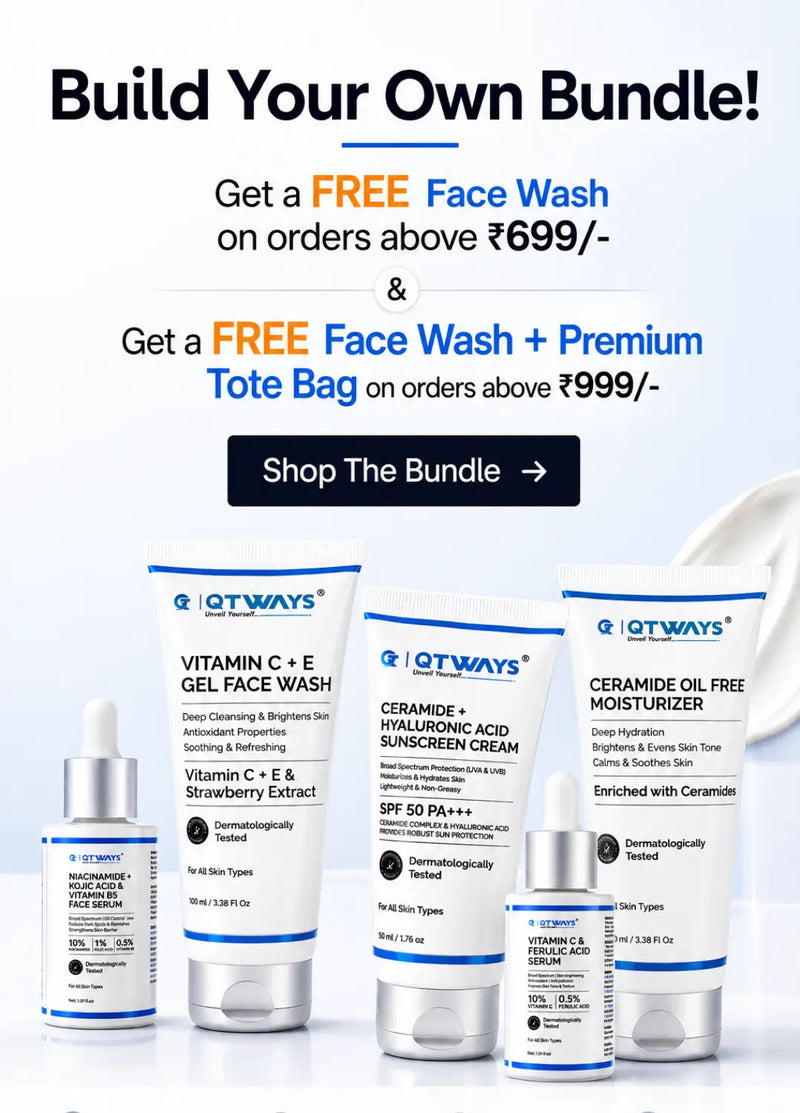 QTWAYS Build Your Own Bundle banner featuring Vitamin C Face Wash, Niacinamide Face Serum, Vitamin C Serum, Ceramide Sunscreen, and Ceramide Moisturizer. Get a free Face Wash on orders above ₹699 and a free Face Wash with Tote Bag on orders above ₹999.,