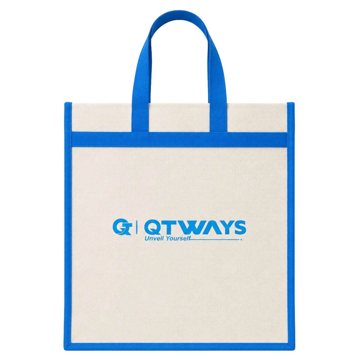 Natural canvas tote bag with bright blue handles and blue edge trim, featuring the QTWAYS logo and the tagline "Unveil Yourself" printed in blue on the front. The bag has a simple, reusable shopping tote design with an open top