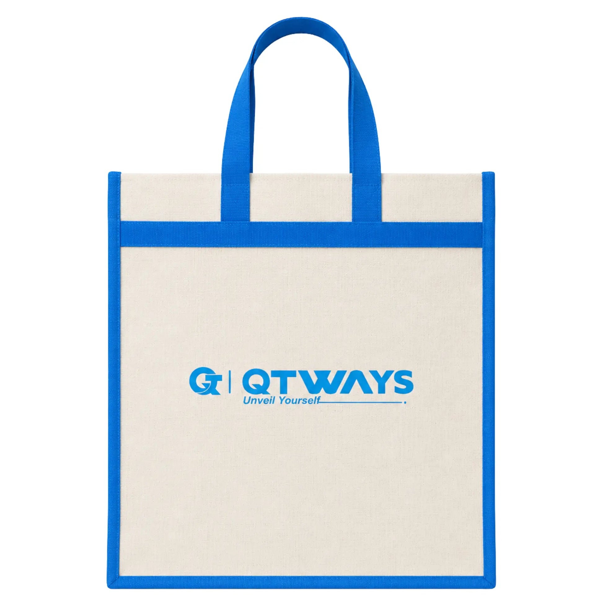 Natural canvas tote bag with bright blue handles and blue edge trim, featuring the QTWAYS logo and the tagline "Unveil Yourself" printed in blue on the front. The bag has a simple, reusable shopping tote design with an open top