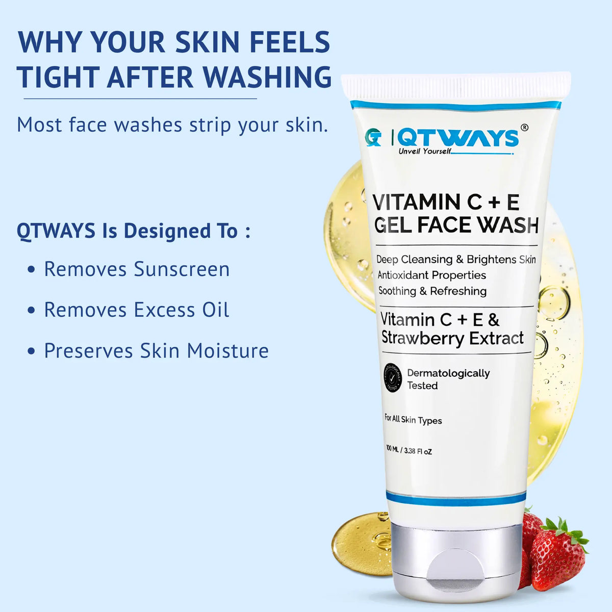 Discover QTWAYS Vitamin C + E Gel Face Wash enriched with strawberry extract to remove sunscreen, excess oil, and impurities while helping maintain skin moisture. Shop this gentle face cleanser for fresh, glowing skin.