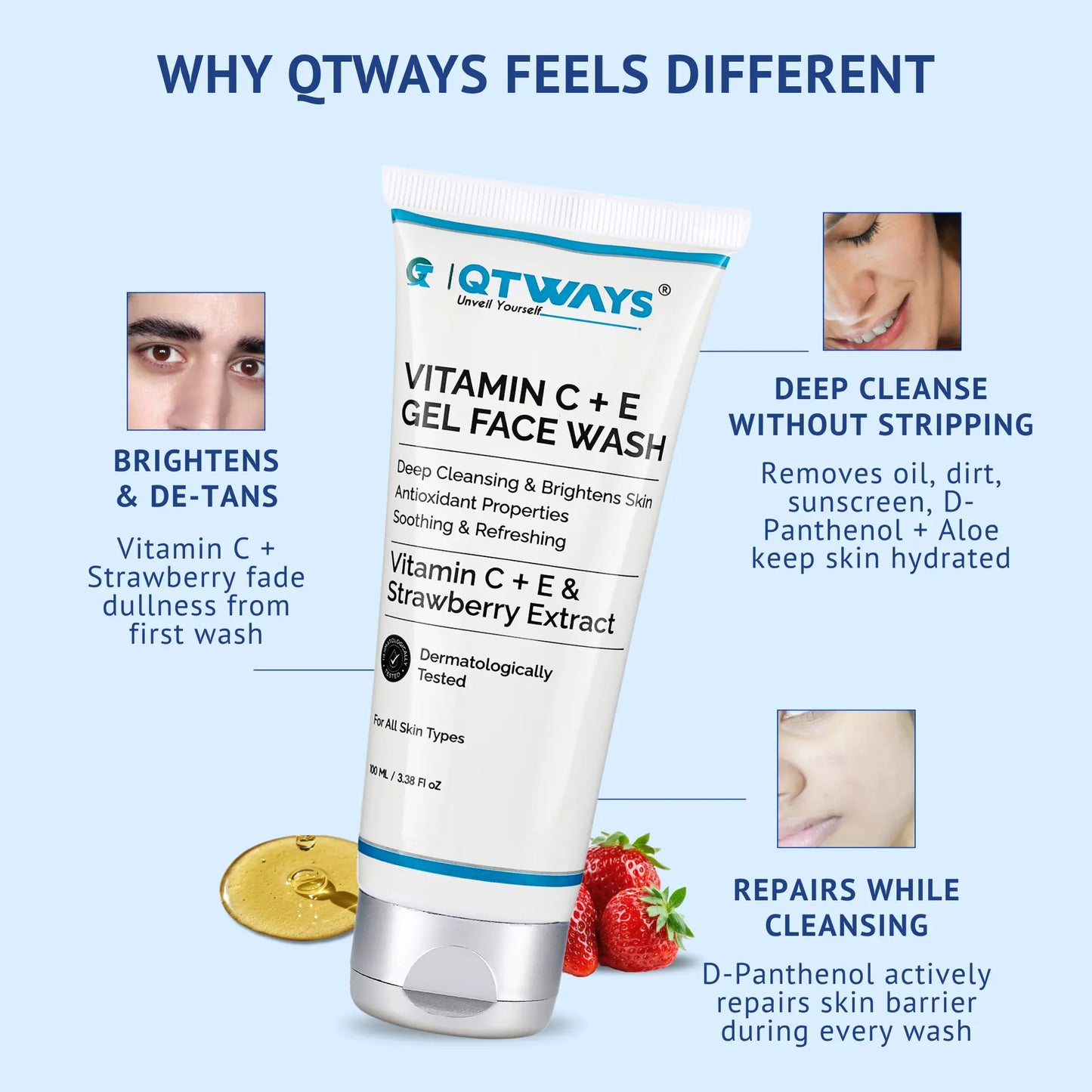 Explore why QTWAYS Vitamin C + E Gel Face Wash feels different. Enriched with strawberry extract, D-Panthenol, and skin-loving ingredients, it helps brighten dull skin, remove dirt and sunscreen, cleanse without stripping moisture, and support a healthy skin barrier.