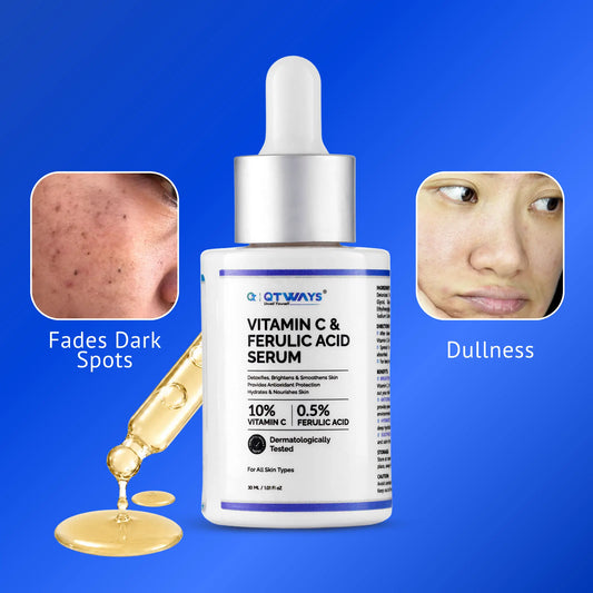 QTWAYS Vitamin C & Ferulic Acid Serum bottle with dropper and serum texture, highlighting benefits for reducing dark spots and dullness on a blue background.