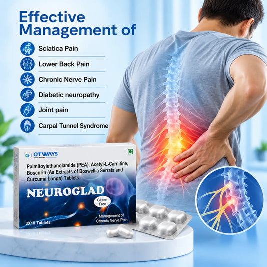 OTWAY Neuroglad pain relief tablets box and blister pack displayed on a white pedestal, with a man shown from behind holding his lower back with a glowing red-orange pain area on his spine. Text lists conditions such as sciatica pain, lower back pain, chronic nerve pain, diabetic neuropathy, joint pain, and carpal tunnel syndrome.