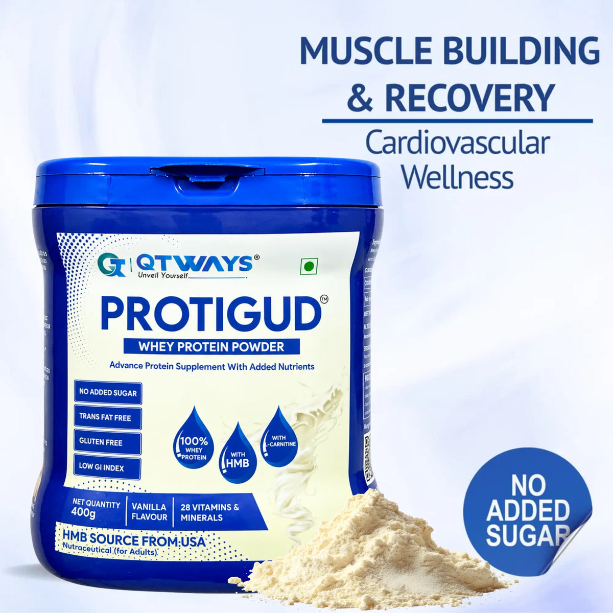 Qtways Protigud whey protein powder with HMB for muscle recovery and cardiovascular wellness, no added sugar.