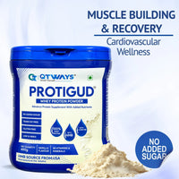 Qtways Protigud whey protein powder with HMB for muscle recovery and cardiovascular wellness, no added sugar.