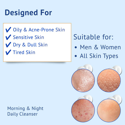 Vitamin C + E Gel Face Wash suitable for oily, acne-prone, sensitive, dry, dull, and tired skin. Daily cleanser for men and women, designed for all skin types with morning and night use.