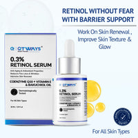 Product banner of QTWAYS 0.3% Retinol Serum with barrier support in India, featuring the 30ml dropper bottle and outer packaging box. The infographic highlights Anti-Aging and Antioxidant properties formulated with Coenzyme Q10, Vitamin E, and Bakuchiol Oil to reduce fine lines, improve skin texture, and promote intensive skin renewal.