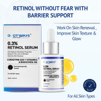 Product banner of QTWAYS 0.3% Retinol Serum with barrier support in India, featuring the 30ml dropper bottle and outer packaging box. The infographic highlights Anti-Aging and Antioxidant properties formulated with Coenzyme Q10, Vitamin E, and Bakuchiol Oil to reduce fine lines, improve skin texture, and promote intensive skin renewal.