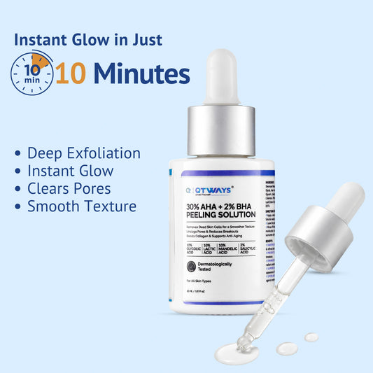 QTWAYS 30% AHA + 2% BHA Peeling Solution serum bottle with dropper in India, promising instant glow in 10 minutes, deep exfoliation, clear pores, and smooth skin texture.