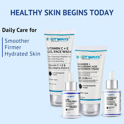 Product lineup image titled Healthy Skin Begins Today for QTWAYS Anti-Wrinkle Skincare Kit in India. It features Vitamin C + E Gel Face Wash, Ceramide + Hyaluronic Acid Sunscreen Cream SPF 50, 0.3% Retinol Serum, and Hyaluronic Acid + PGA & Vitamin B5 Face Serum alongside text highlighting Daily Care for Smoother, Firmer, Hydrated Skin.