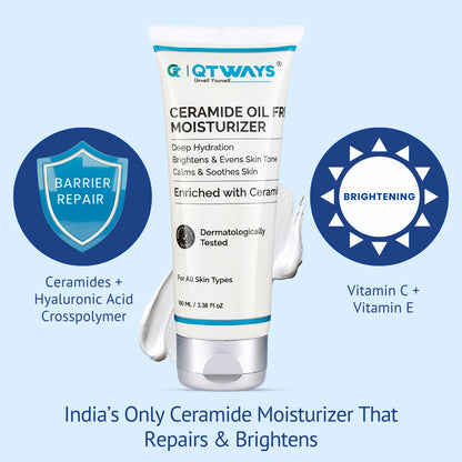 QTWAYS Ceramide Oil Free Moisturizer tube in India, highlighted as India's only ceramide moisturizer that repairs and brightens, showcasing barrier repair with Ceramides and Hyaluronic Acid Crosspolymer, and brightening with Vitamin C and Vitamin E.