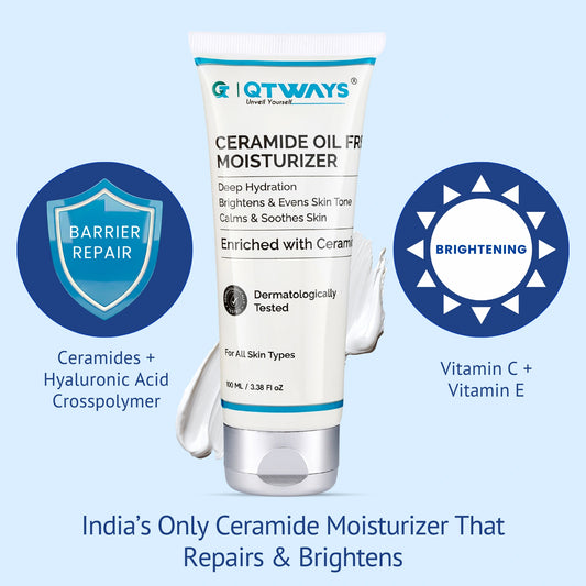 QTWAYS Ceramide Oil Free Moisturizer tube in India, highlighted as India's only ceramide moisturizer that repairs and brightens, showcasing barrier repair with Ceramides and Hyaluronic Acid Crosspolymer, and brightening with Vitamin C and Vitamin E.
