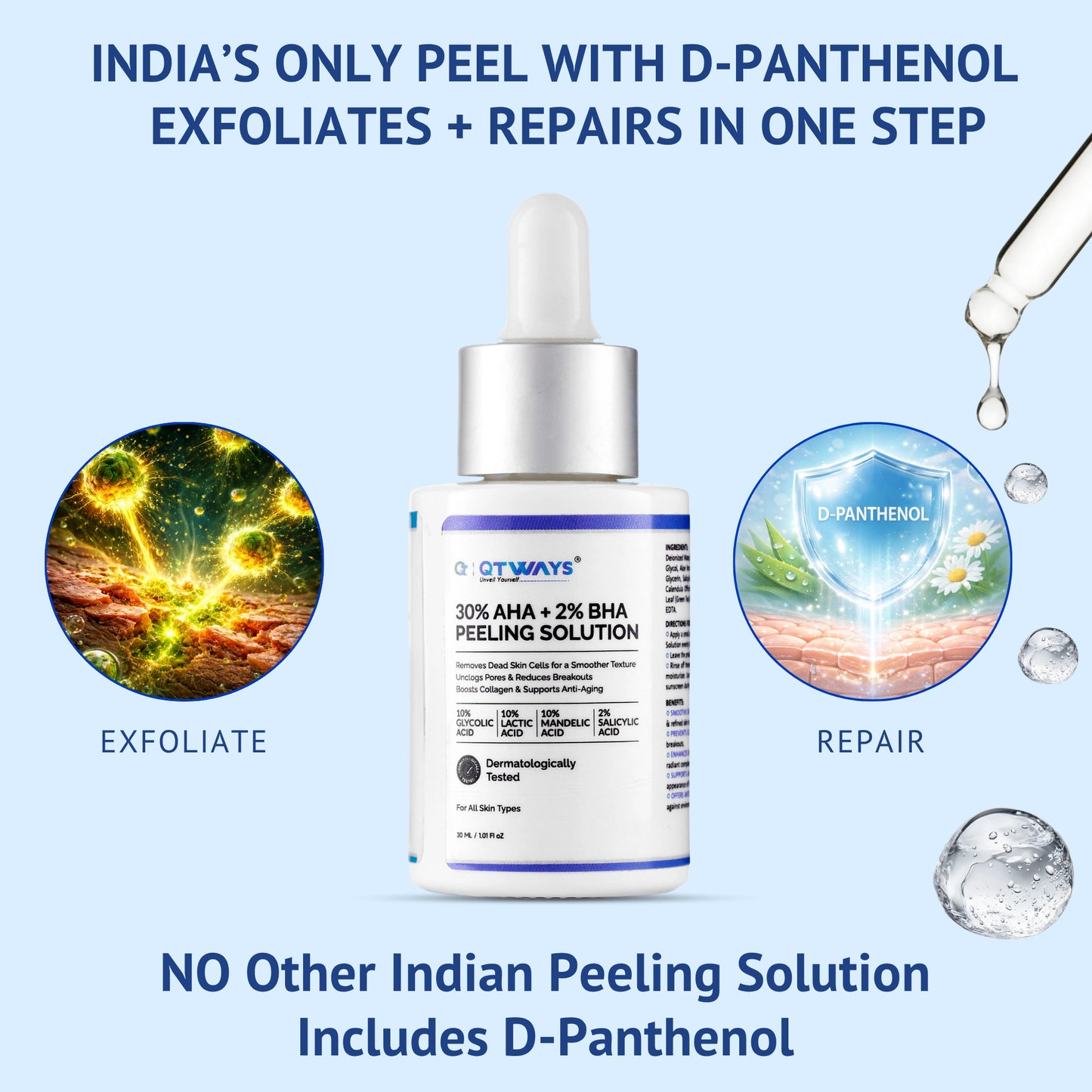 Infographic of QTWAYS 30% AHA + 2% BHA Peeling Solution showcasing India's only peel with D-Panthenol that exfoliates and repairs skin barrier in one step, highlighting that no other Indian peeling solution includes D-Panthenol.