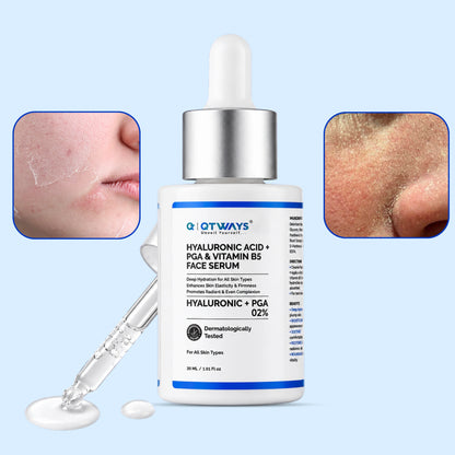 QTWAYS Hyaluronic Acid + PGA & Vitamin B5 Face Serum bottle with dropper in India, formulated with 2% Hyaluronic and Polyglutamic Acid, showcasing closeups of extremely dry, flaking, and dehydrated skin types requiring deep hydration.
